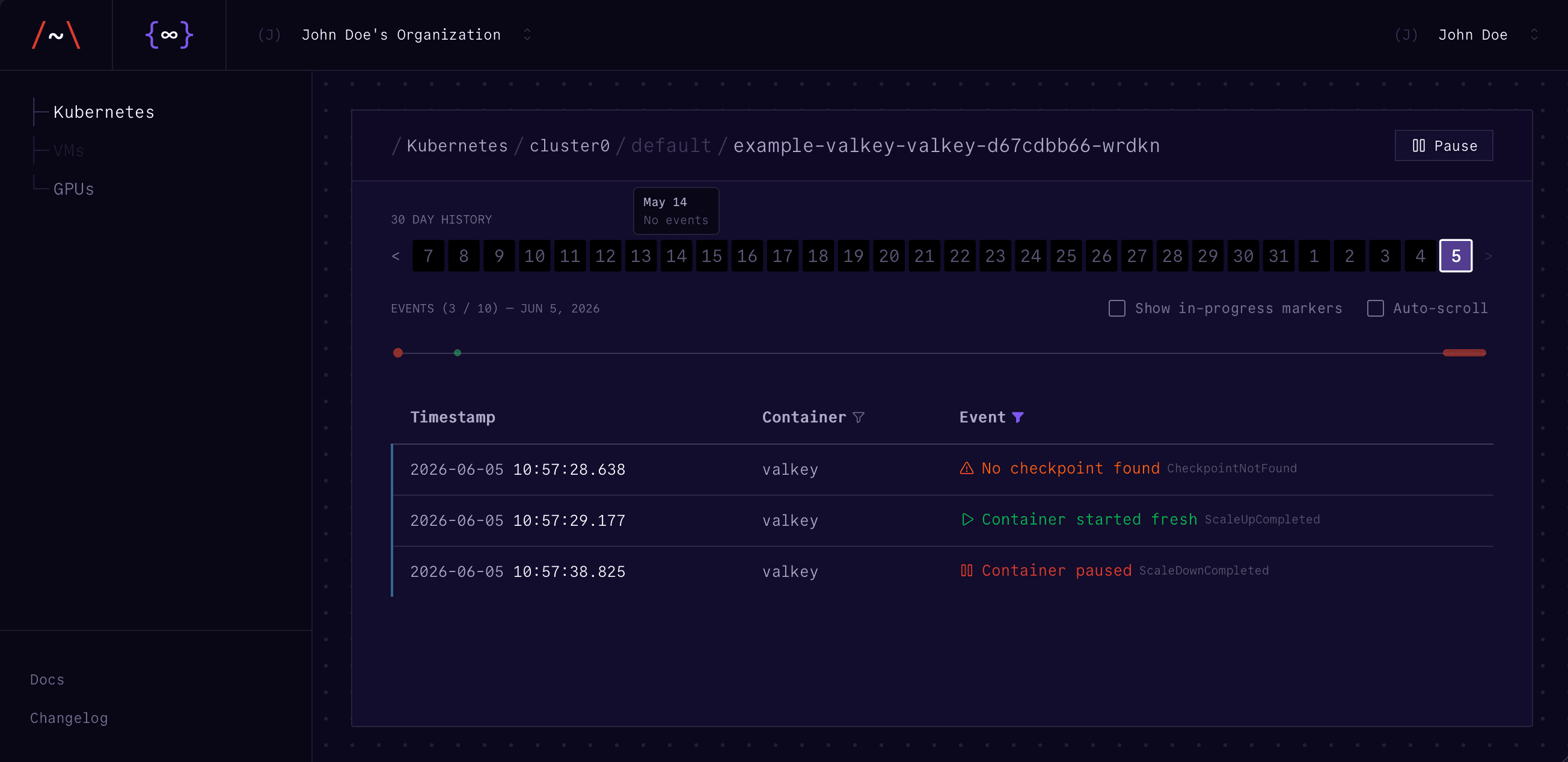Console pod detail view showing the event timeline and per-container hibernation event history